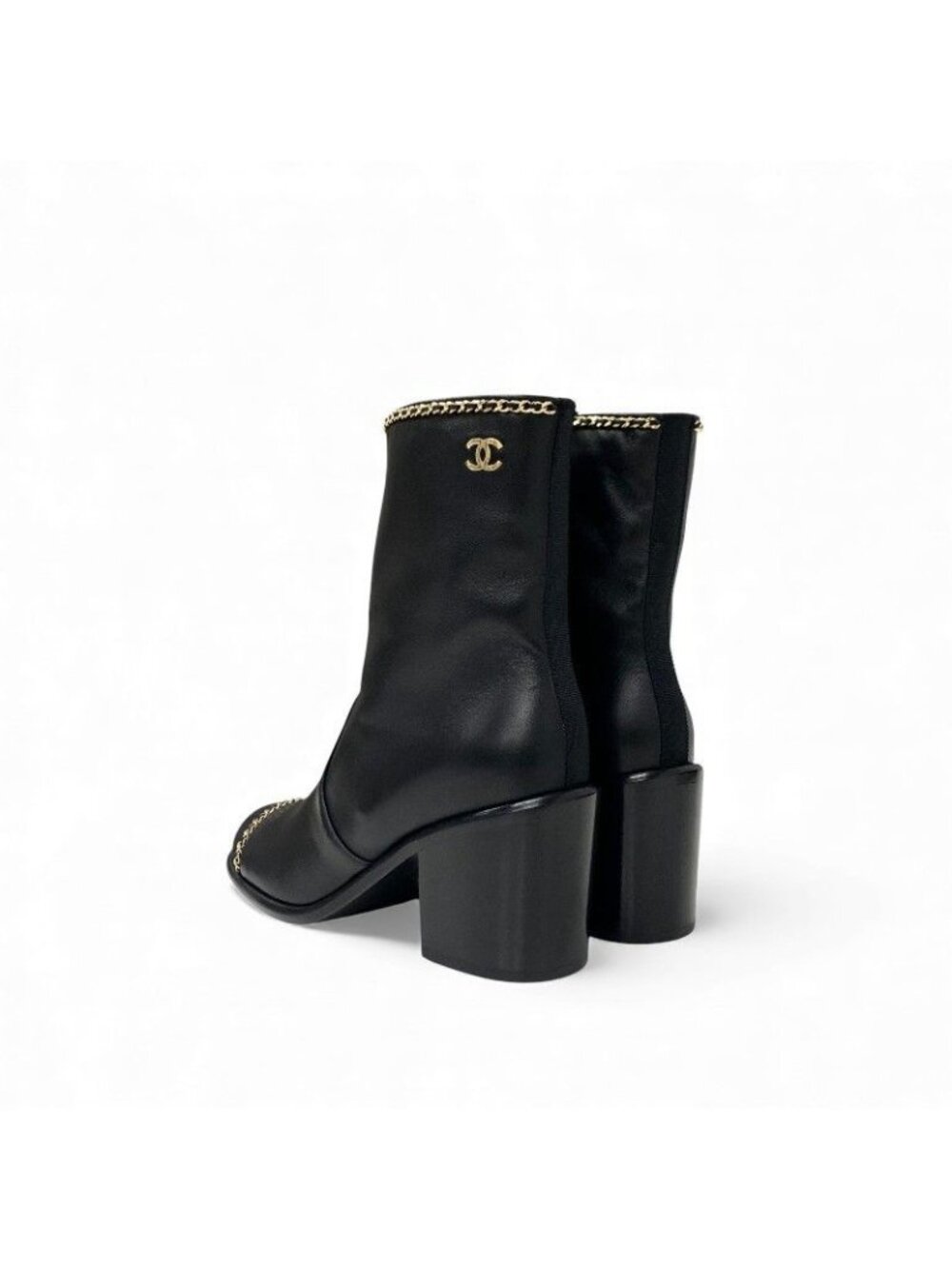 Chanel Short Boots Shoes Leather Fabric Black Gold CC Logo Chain - Picture 4 of 10